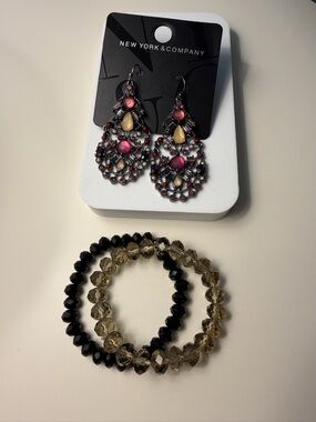 New York & Company Pink and Yellow Filigree Teardrop Earrings plus two bracelets